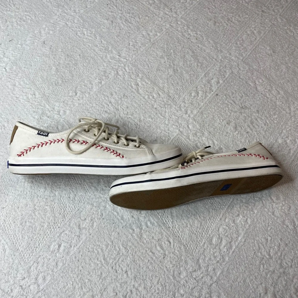 Keds Kickstart Baseball Canvas Sneakers Cream Red Stitching Womens Shoes